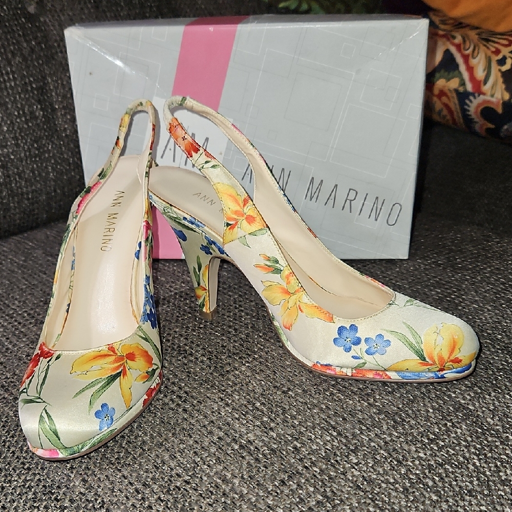 Ann Marino Floral Slingback Heels - Cream and Multicolor